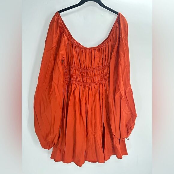 STAUD Bow Dress Smocked Waist Dress Size 8 Rust Long Sleeve Peasant Mini - Picture 8 of 10